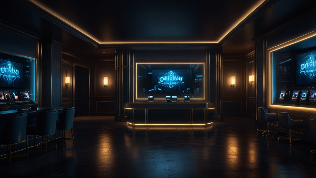 Desktop and mobile login screens glowing in a dark casino setting