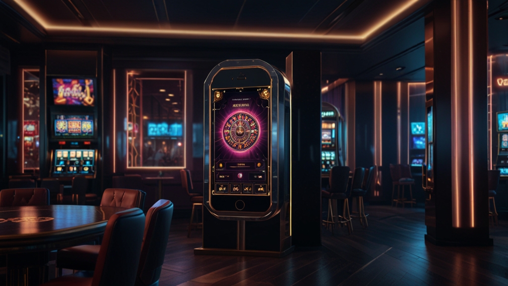 Smartphone login screen and account tools in a neon casino environment