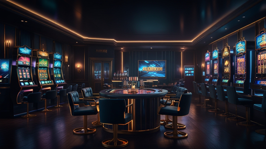 Smartphone showing a casino app lobby in a dark neon casino setting